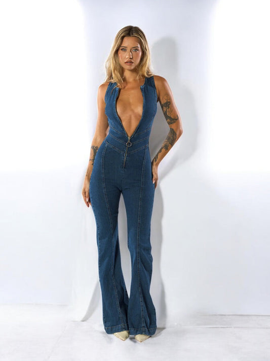 Aurelia | Denim Jumpsuit met V-hals en Rits