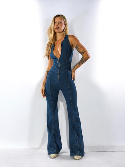Aurelia | Denim Jumpsuit met V-hals en Rits